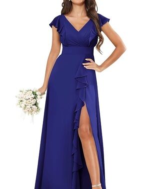 Elegant Royal Blue V-Neck Ruffle Split Maxi Dress
